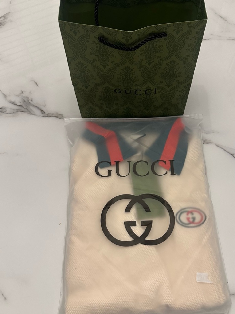 Gucci Cream Knit Sweater with Green and Red V-Neck Trim